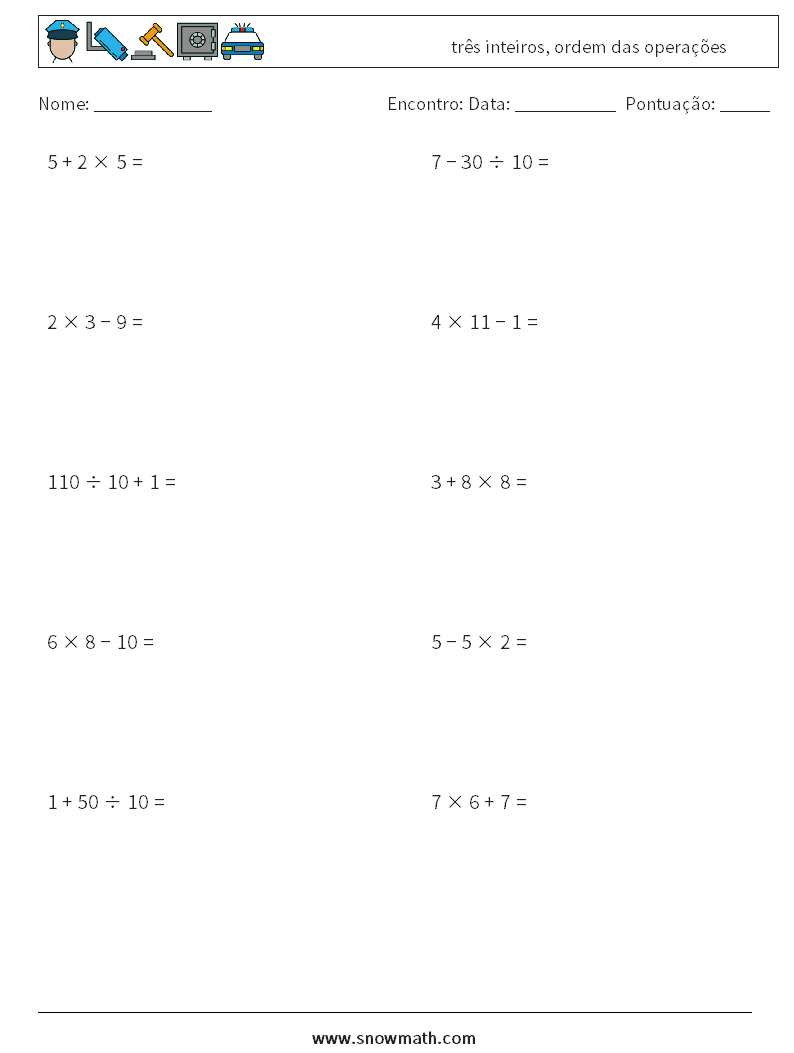 (10) três inteiros, ordem das operações planilhas matemáticas 6