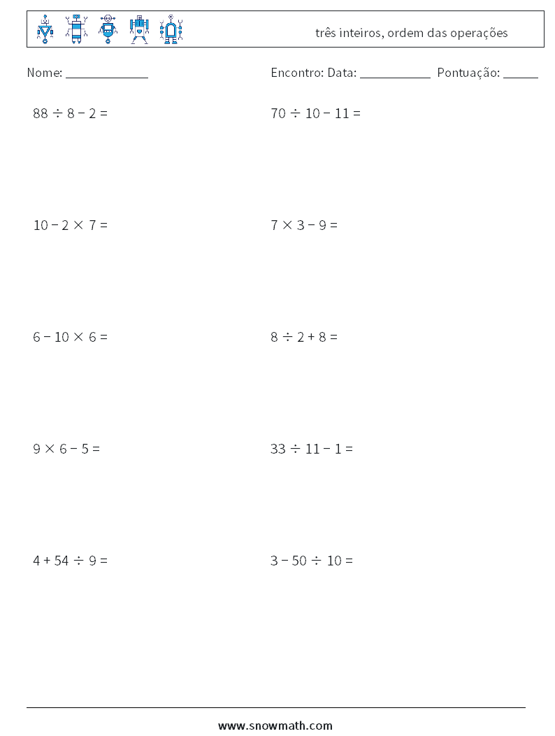 (10) três inteiros, ordem das operações planilhas matemáticas 7
