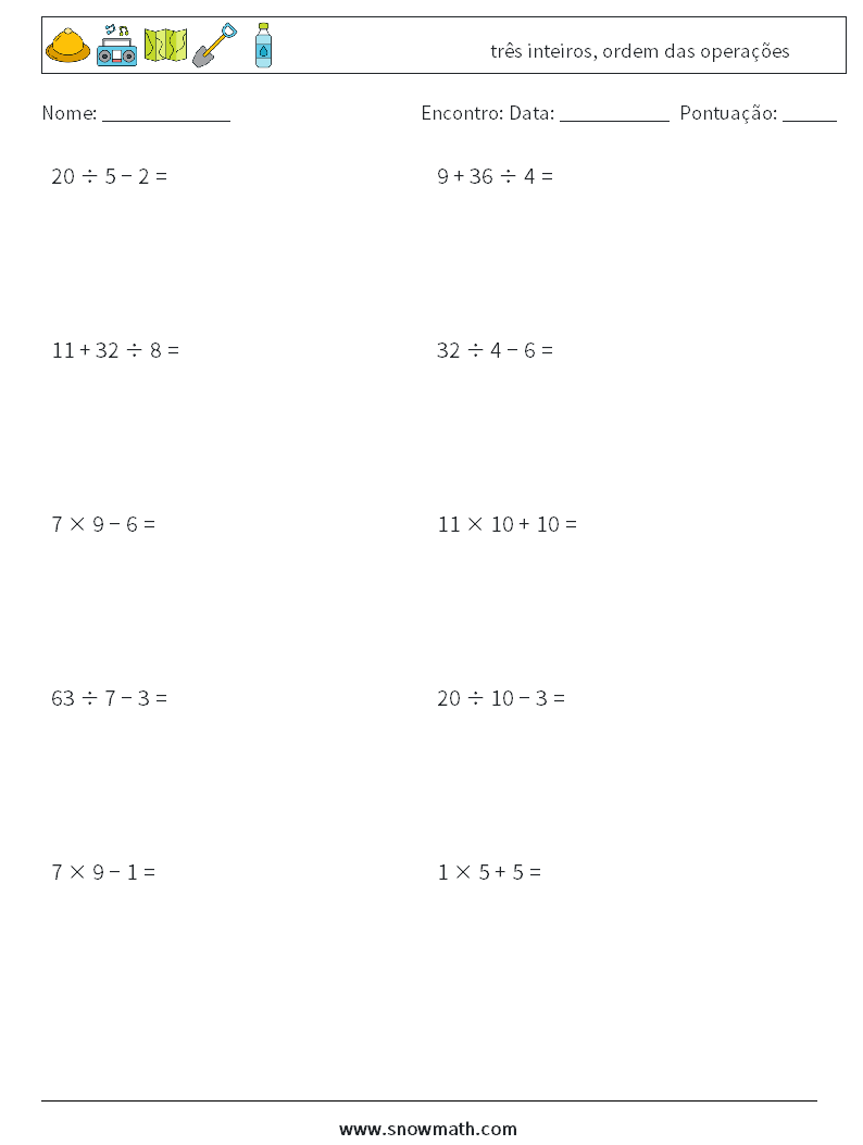 (10) três inteiros, ordem das operações planilhas matemáticas 8