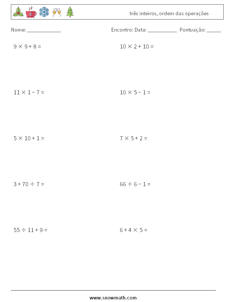 (10) três inteiros, ordem das operações planilhas matemáticas 9