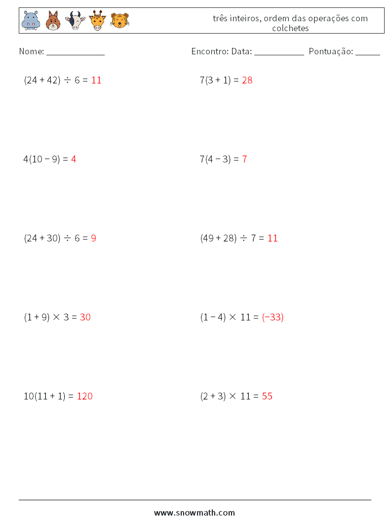 (10) três inteiros, ordem das operações com colchetes planilhas matemáticas 14 Pergunta, Resposta