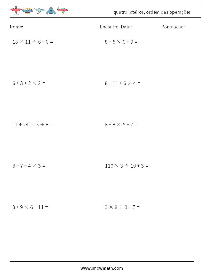 (10) quatro inteiros, ordem das operações planilhas matemáticas 10