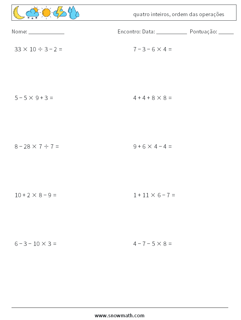 (10) quatro inteiros, ordem das operações planilhas matemáticas 12