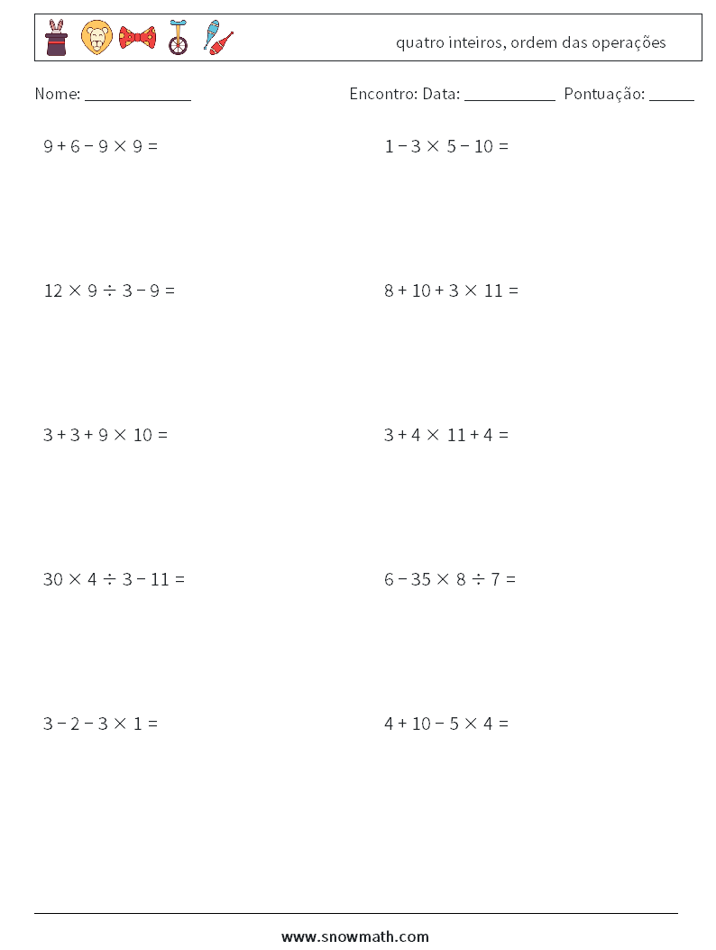 (10) quatro inteiros, ordem das operações planilhas matemáticas 14