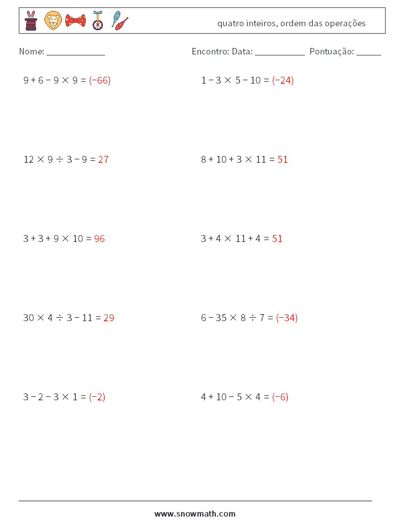 (10) quatro inteiros, ordem das operações planilhas matemáticas 14 Pergunta, Resposta