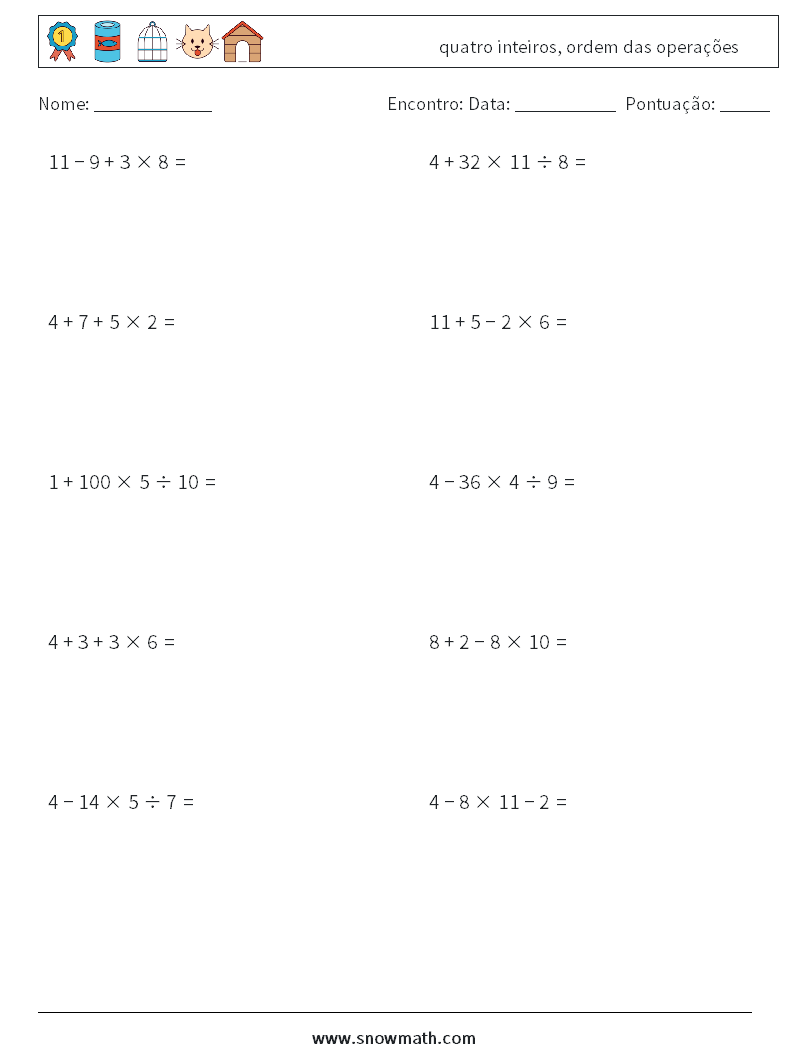 (10) quatro inteiros, ordem das operações planilhas matemáticas 15