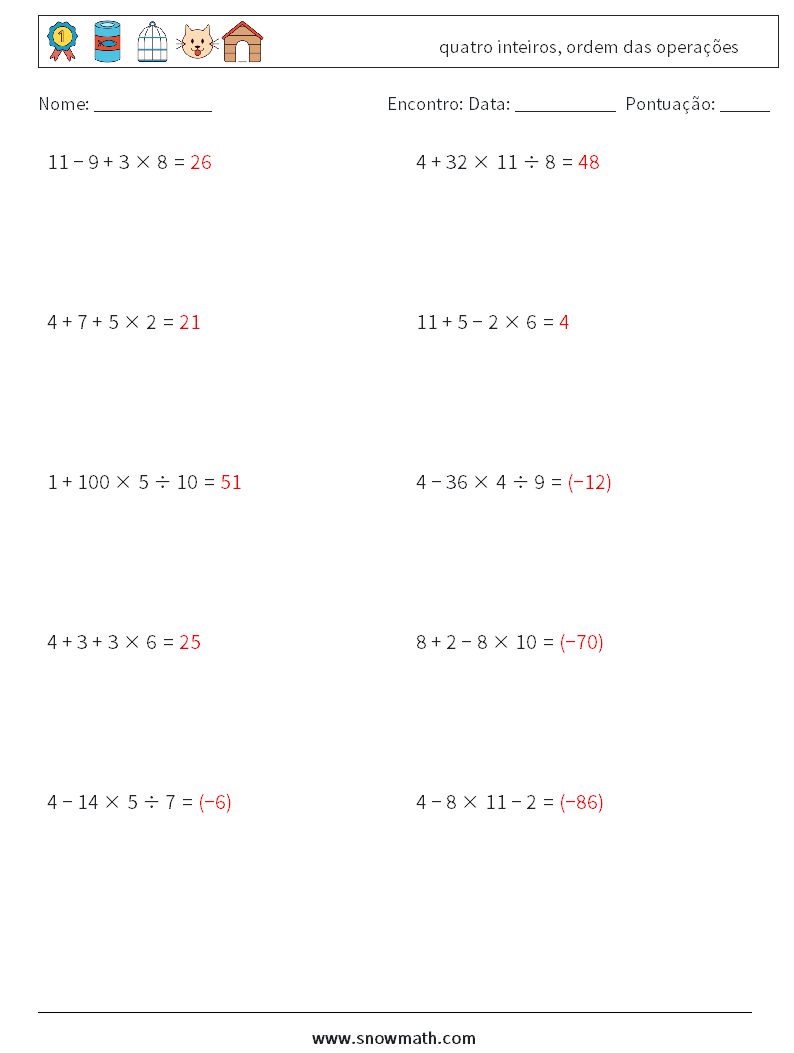(10) quatro inteiros, ordem das operações planilhas matemáticas 15 Pergunta, Resposta