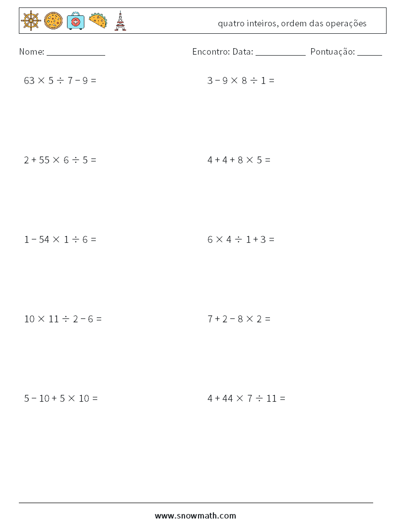 (10) quatro inteiros, ordem das operações planilhas matemáticas 18