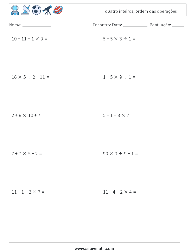 (10) quatro inteiros, ordem das operações planilhas matemáticas 2