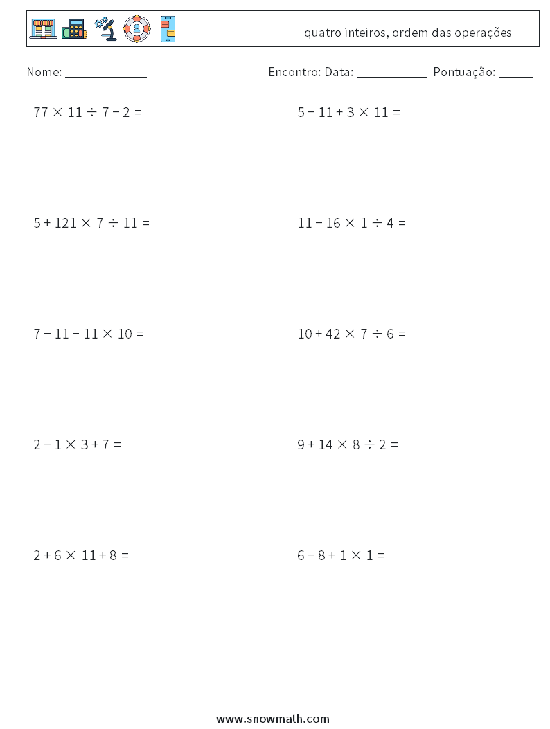 (10) quatro inteiros, ordem das operações planilhas matemáticas 4
