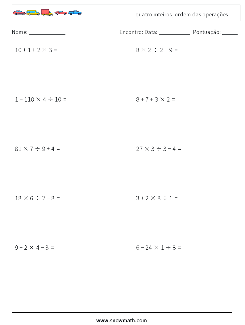 (10) quatro inteiros, ordem das operações planilhas matemáticas 5