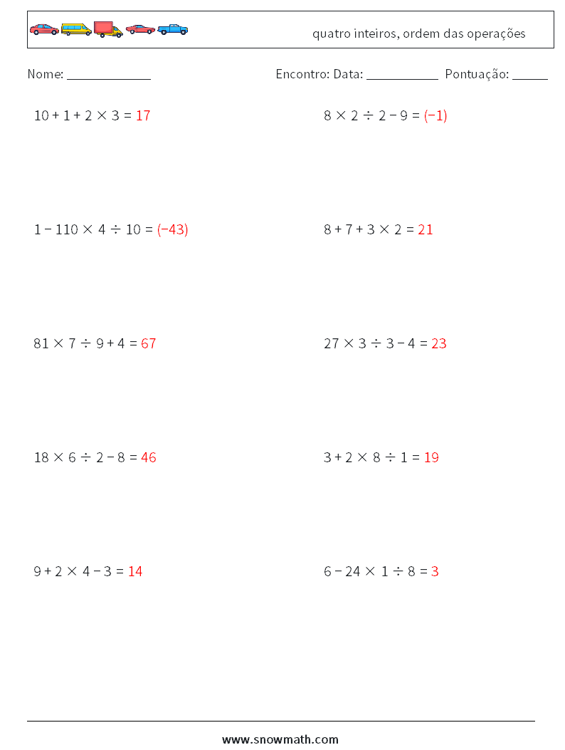 (10) quatro inteiros, ordem das operações planilhas matemáticas 5 Pergunta, Resposta