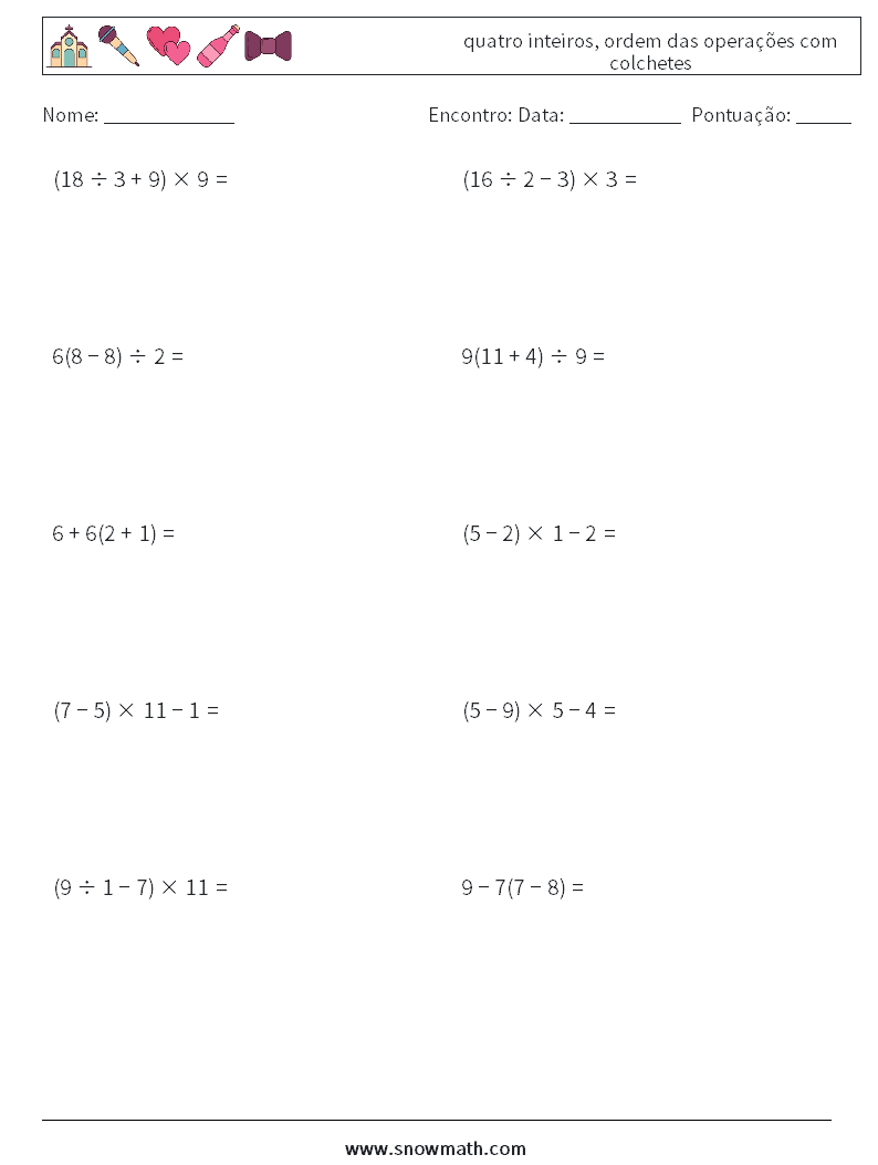 (10) quatro inteiros, ordem das operações com colchetes planilhas matemáticas 5