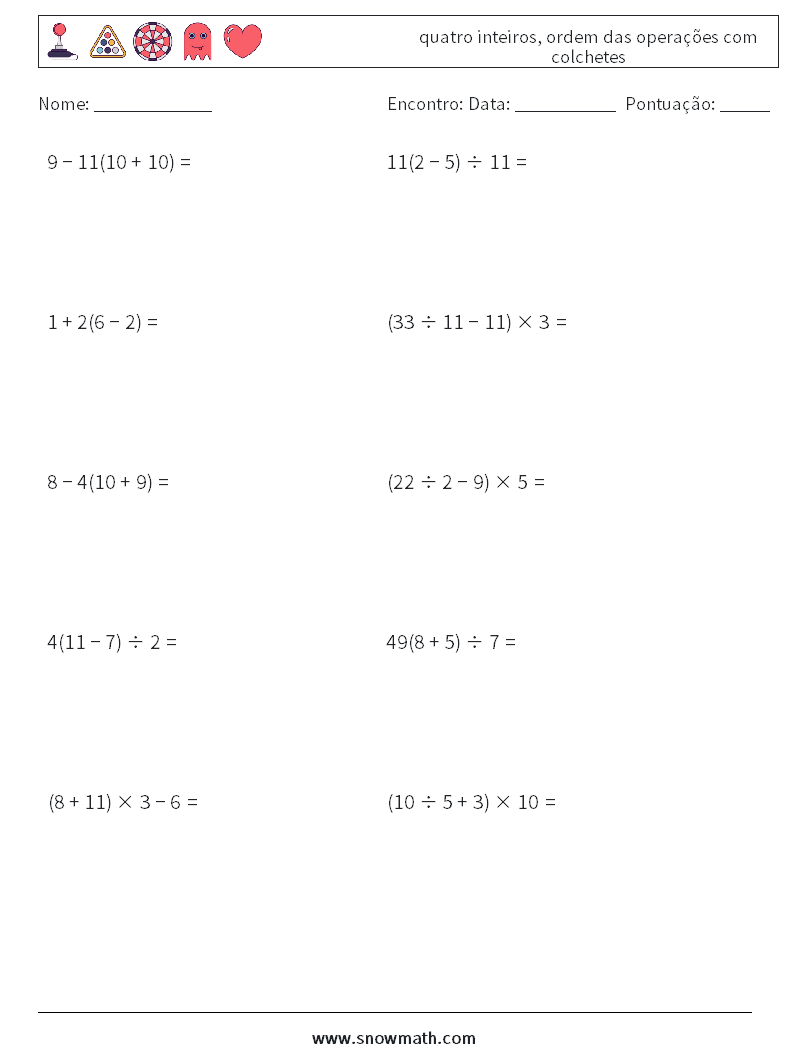 (10) quatro inteiros, ordem das operações com colchetes planilhas matemáticas 9