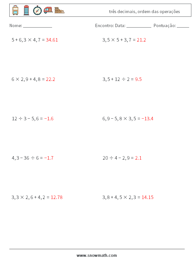 (10) três decimais, ordem das operações planilhas matemáticas 10 Pergunta, Resposta
