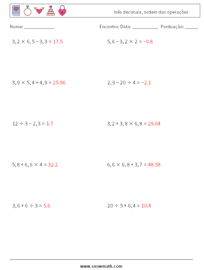 (10) três decimais, ordem das operações planilhas matemáticas 15 Pergunta, Resposta