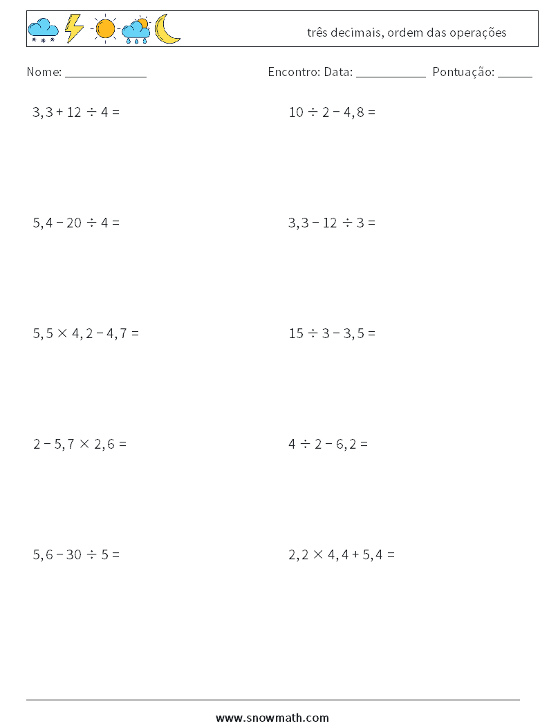 (10) três decimais, ordem das operações planilhas matemáticas 16