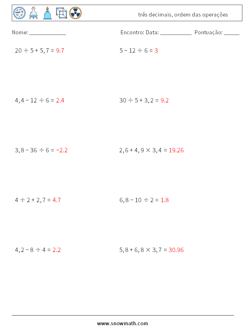 (10) três decimais, ordem das operações planilhas matemáticas 17 Pergunta, Resposta