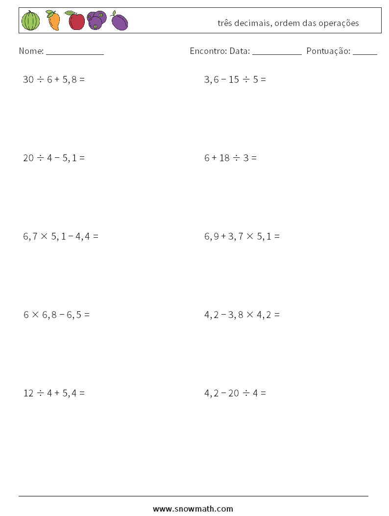 (10) três decimais, ordem das operações planilhas matemáticas 18