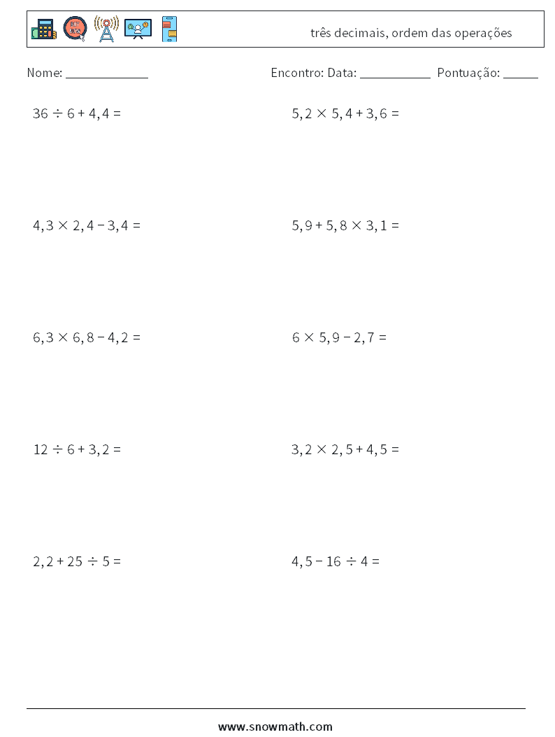 (10) três decimais, ordem das operações planilhas matemáticas 2