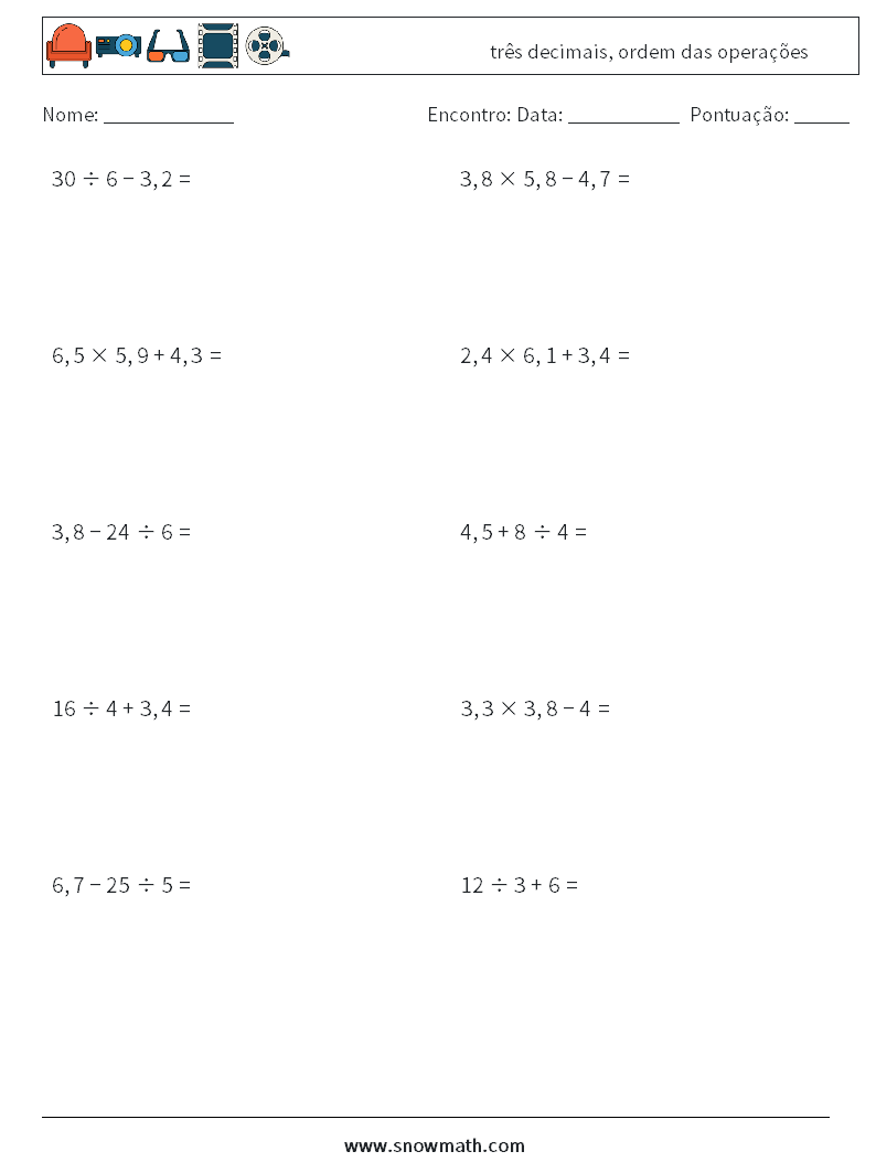 (10) três decimais, ordem das operações planilhas matemáticas 3