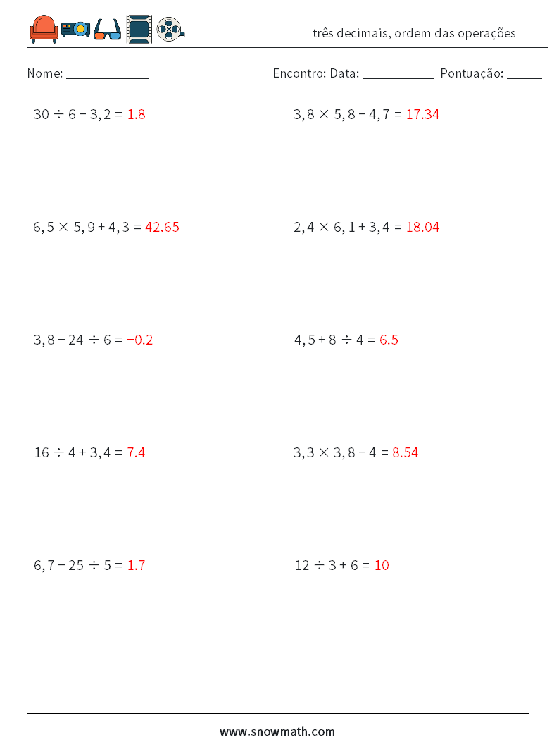 (10) três decimais, ordem das operações planilhas matemáticas 3 Pergunta, Resposta