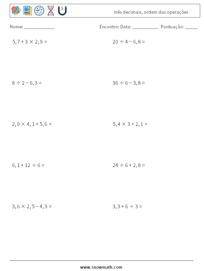 (10) três decimais, ordem das operações planilhas matemáticas 4