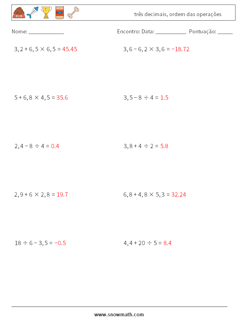 (10) três decimais, ordem das operações planilhas matemáticas 8 Pergunta, Resposta