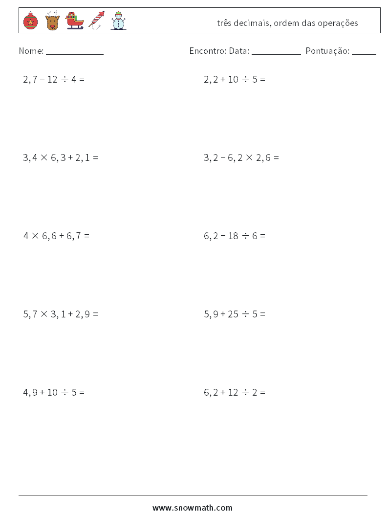 (10) três decimais, ordem das operações planilhas matemáticas 9