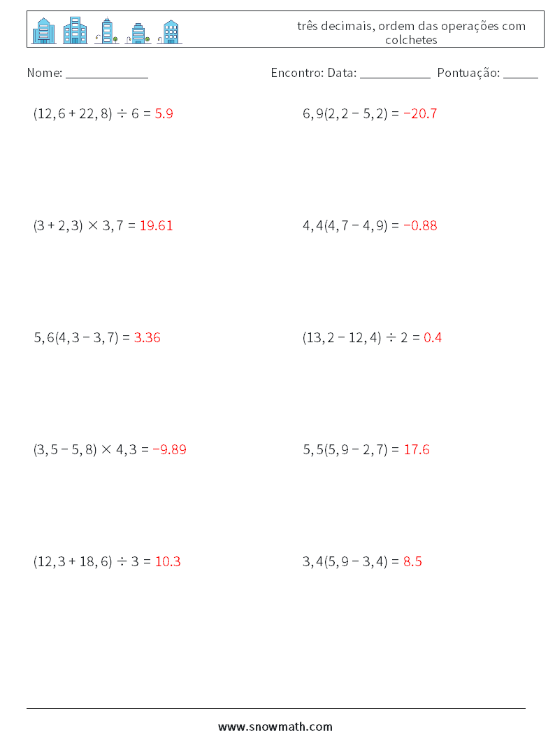 (10) três decimais, ordem das operações com colchetes planilhas matemáticas 13 Pergunta, Resposta