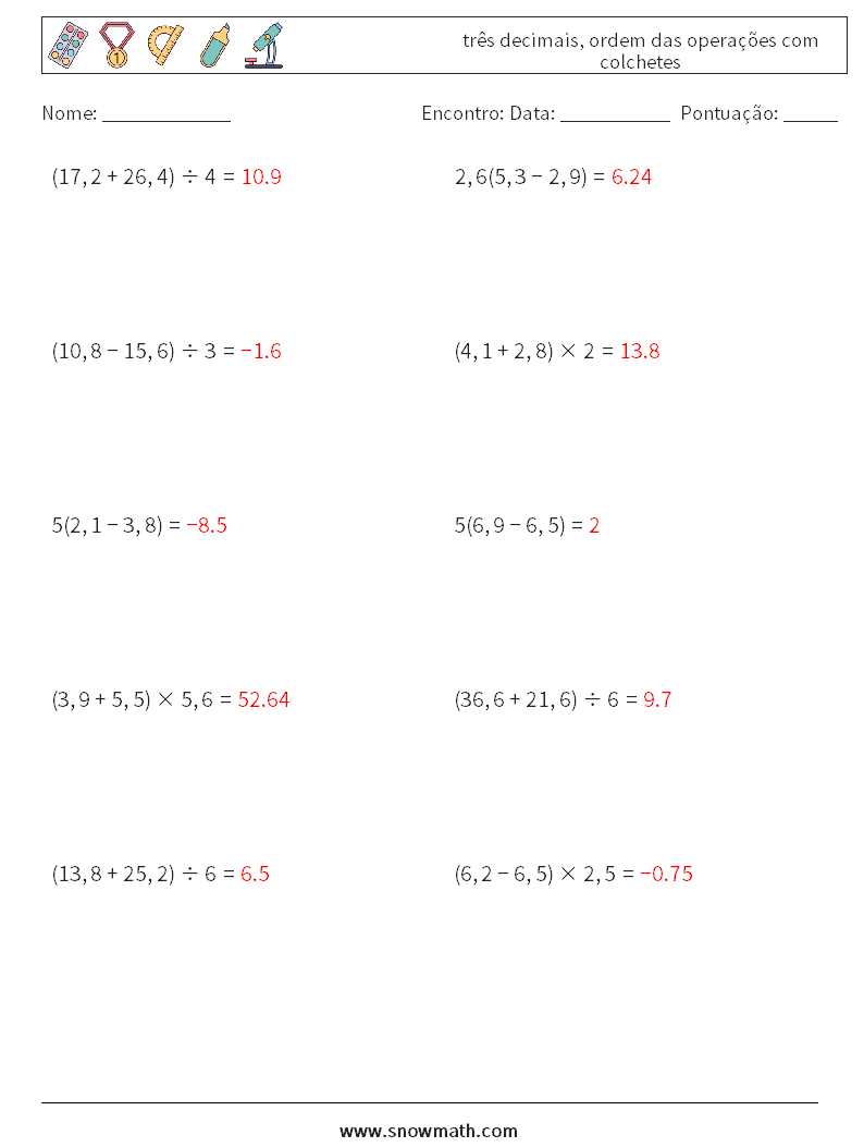 (10) três decimais, ordem das operações com colchetes planilhas matemáticas 14 Pergunta, Resposta