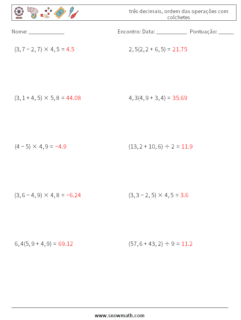 (10) três decimais, ordem das operações com colchetes planilhas matemáticas 18 Pergunta, Resposta
