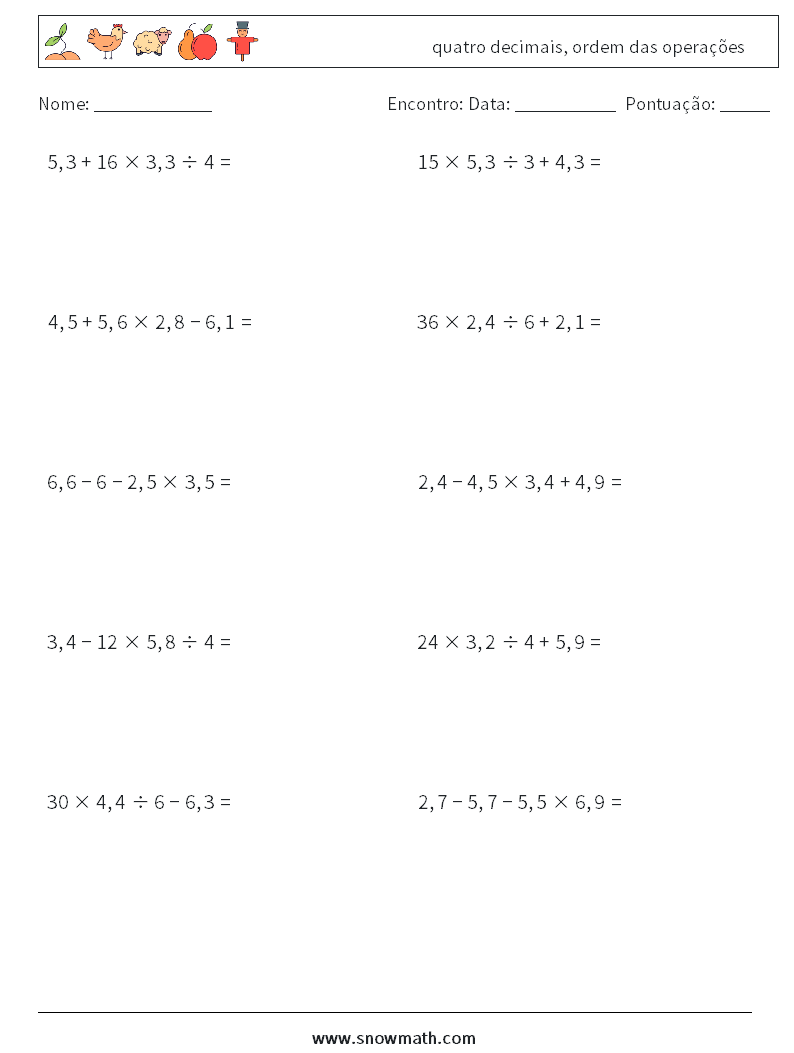 (10) quatro decimais, ordem das operações planilhas matemáticas 9