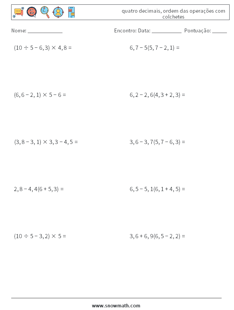 (10) quatro decimais, ordem das operações com colchetes planilhas matemáticas 11