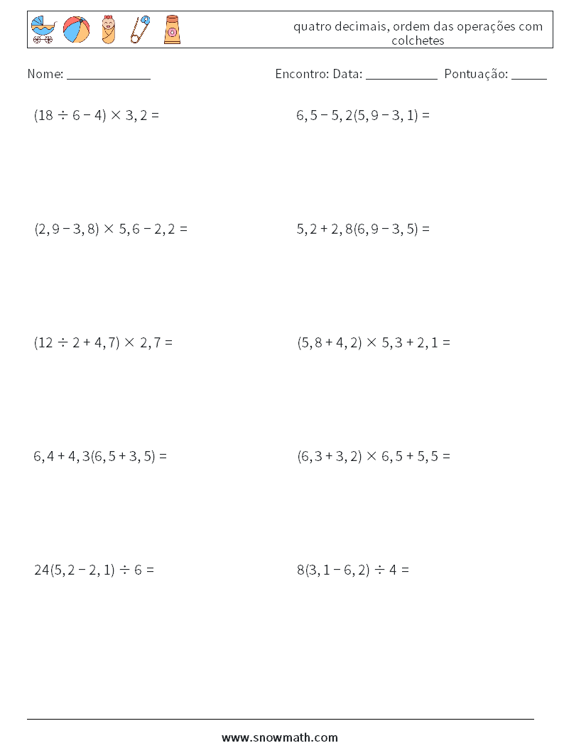 (10) quatro decimais, ordem das operações com colchetes planilhas matemáticas 12