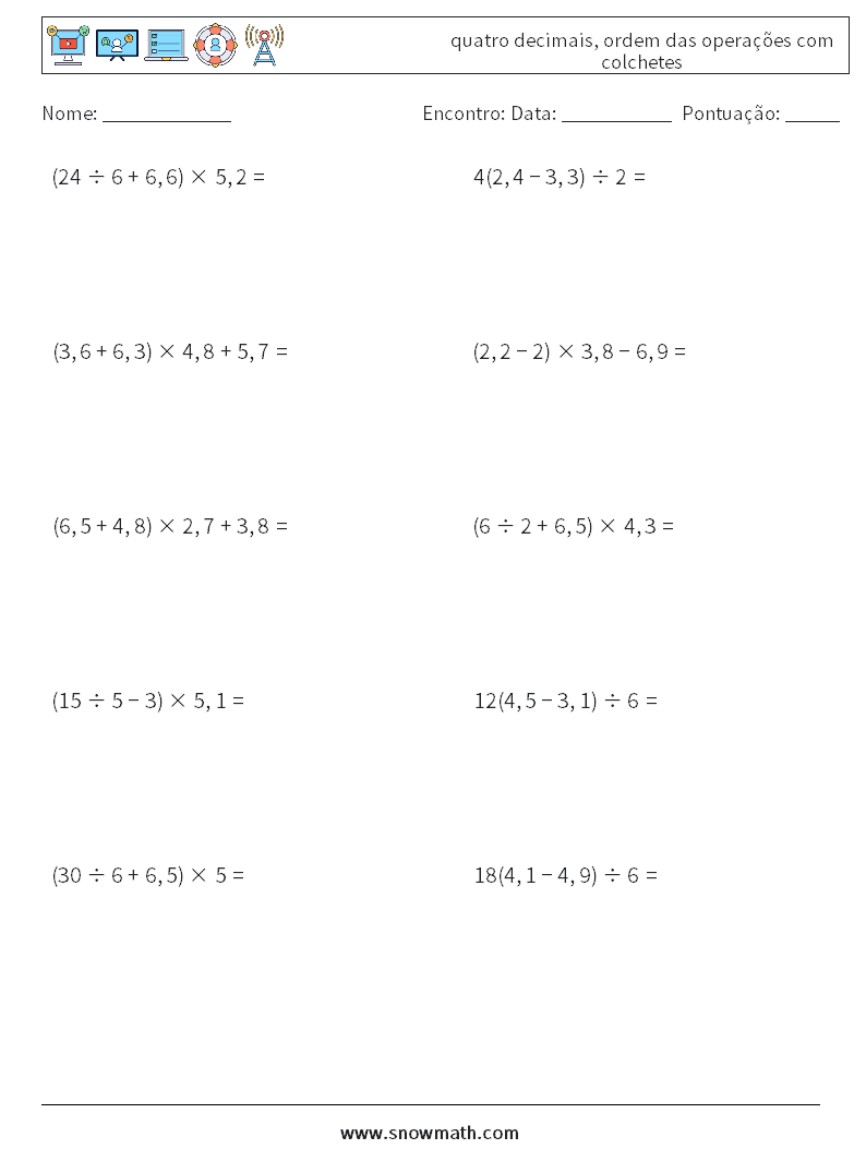 (10) quatro decimais, ordem das operações com colchetes planilhas matemáticas 14