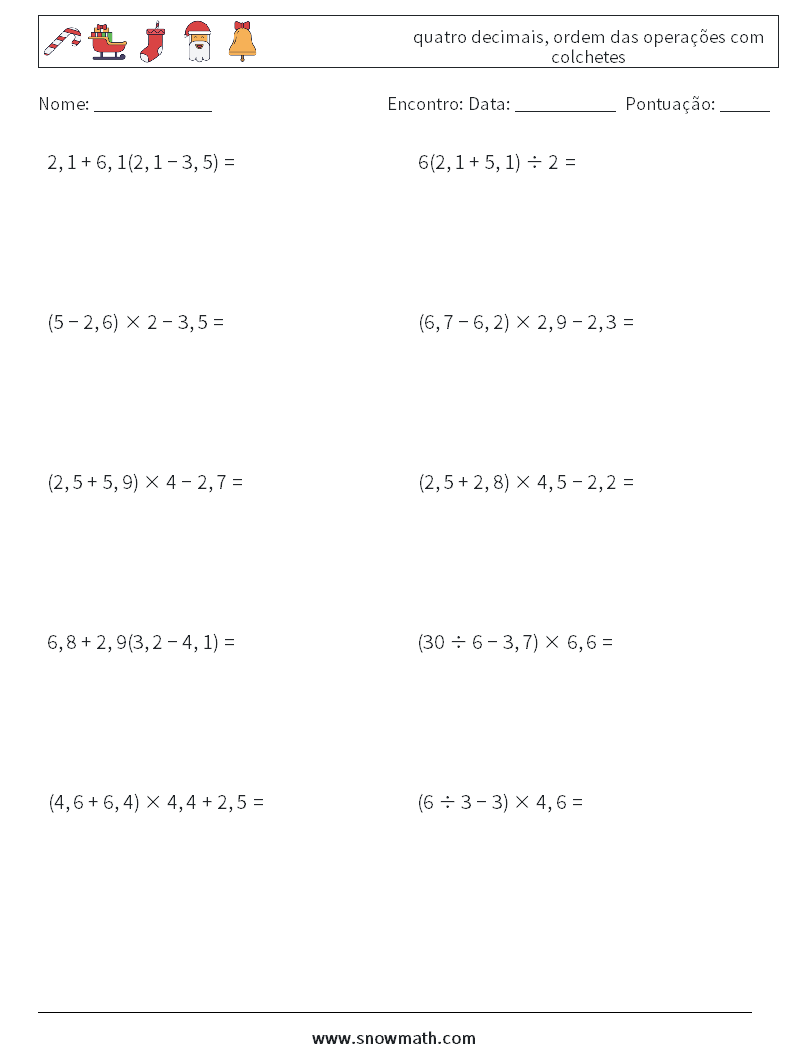 (10) quatro decimais, ordem das operações com colchetes planilhas matemáticas 15