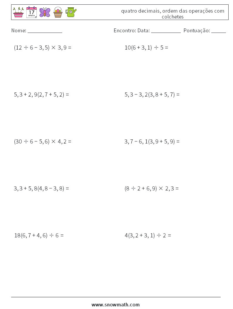 (10) quatro decimais, ordem das operações com colchetes planilhas matemáticas 16