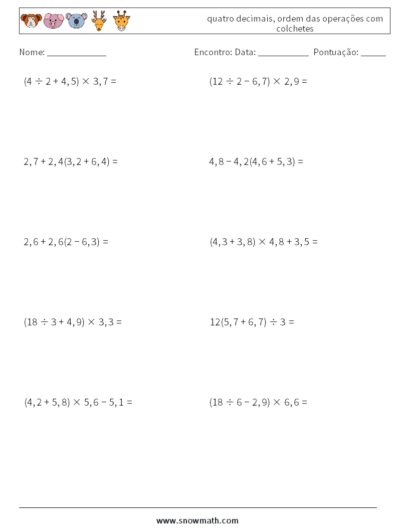 (10) quatro decimais, ordem das operações com colchetes planilhas matemáticas 3