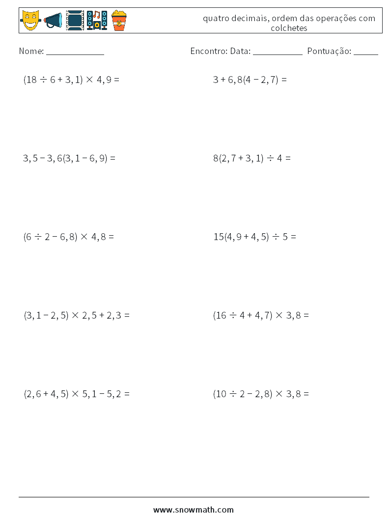(10) quatro decimais, ordem das operações com colchetes planilhas matemáticas 4