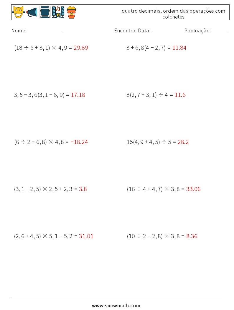 (10) quatro decimais, ordem das operações com colchetes planilhas matemáticas 4 Pergunta, Resposta
