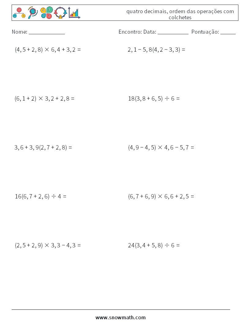 (10) quatro decimais, ordem das operações com colchetes planilhas matemáticas 5