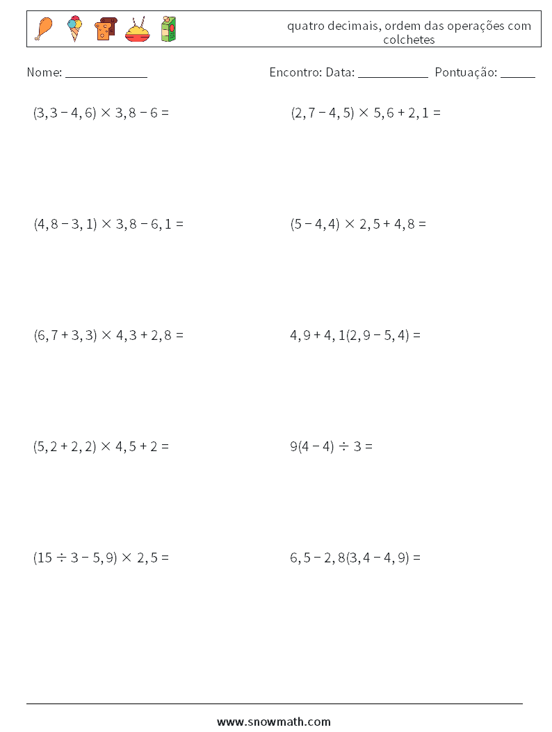 (10) quatro decimais, ordem das operações com colchetes planilhas matemáticas 7