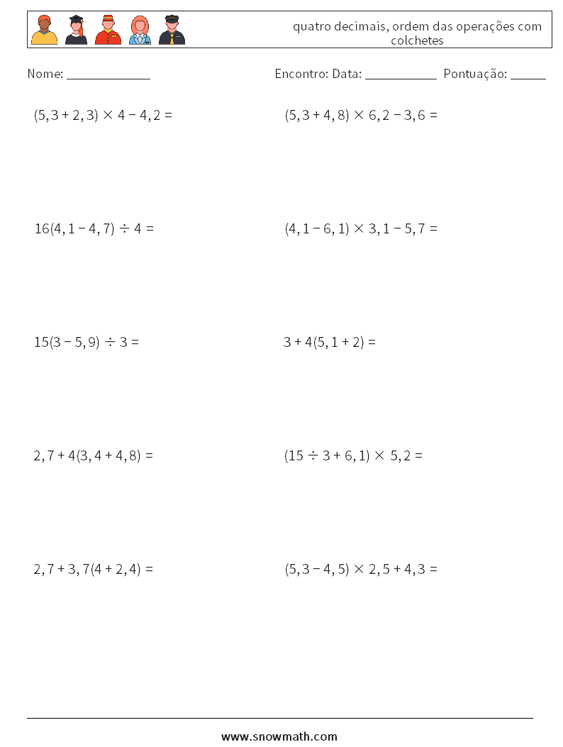 (10) quatro decimais, ordem das operações com colchetes planilhas matemáticas 9