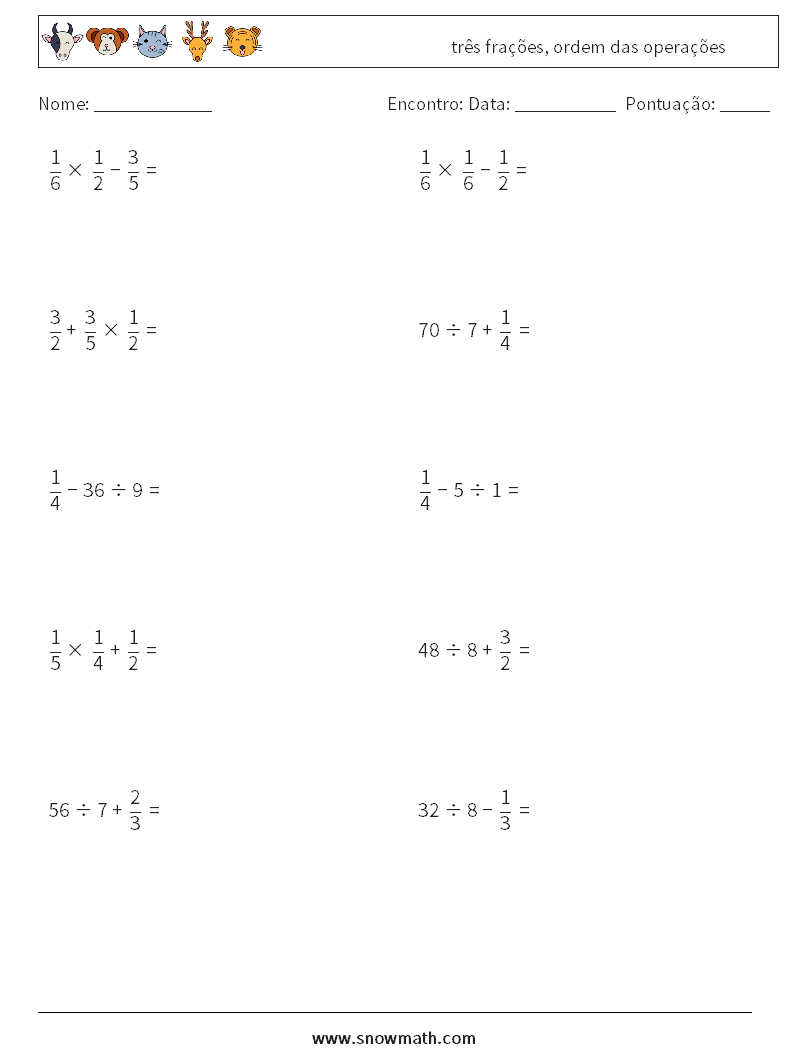 (10) três frações, ordem das operações planilhas matemáticas 10