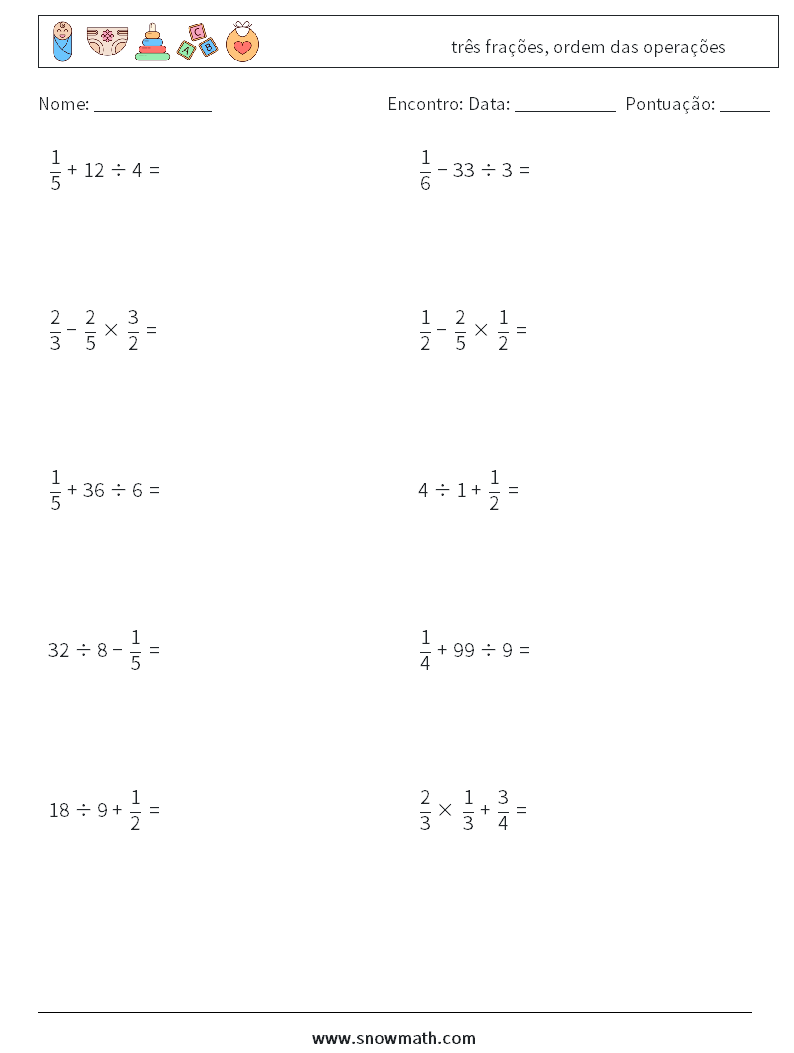 (10) três frações, ordem das operações planilhas matemáticas 13