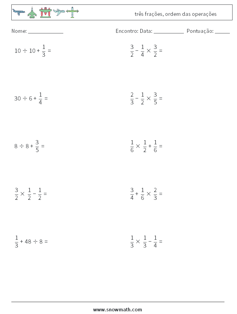 (10) três frações, ordem das operações planilhas matemáticas 14