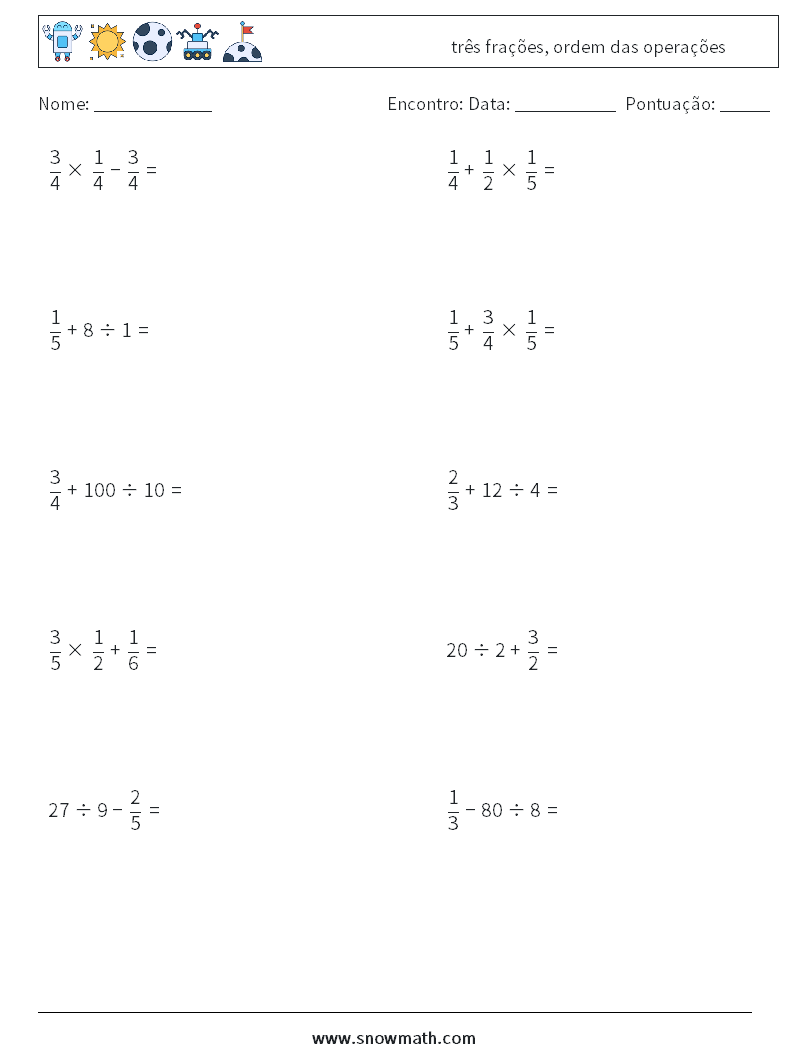 (10) três frações, ordem das operações planilhas matemáticas 15