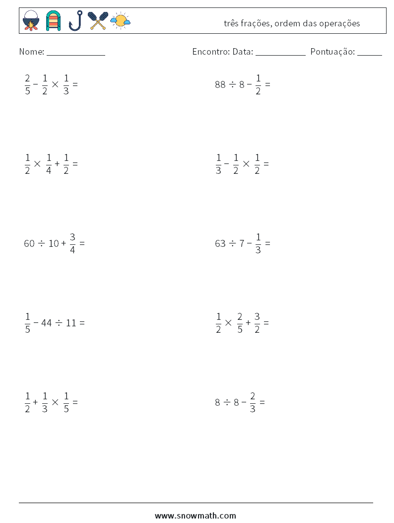 (10) três frações, ordem das operações planilhas matemáticas 16