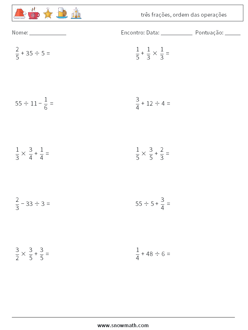(10) três frações, ordem das operações planilhas matemáticas 2